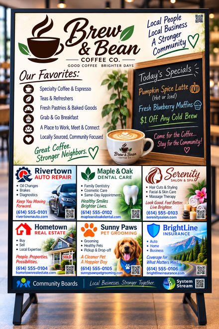 Example Community Board designed for a coffee shop, with the Host's writable area above six local advertiser positions