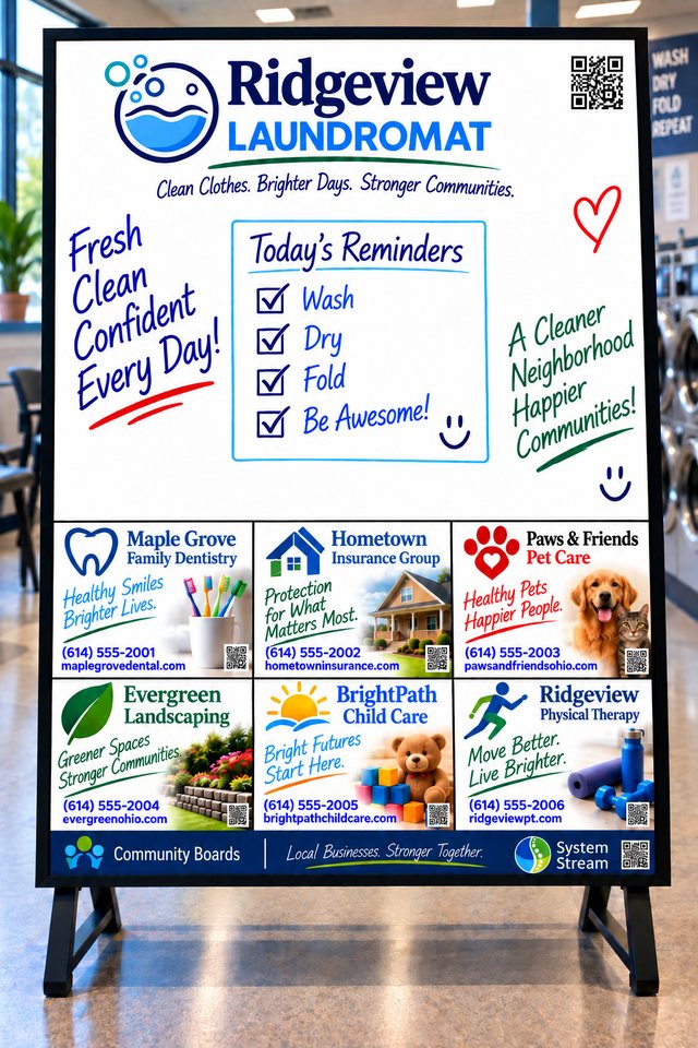 Example Community Board designed for a local laundromat, showing the Host's writable space above six advertiser positions and the thin network footer