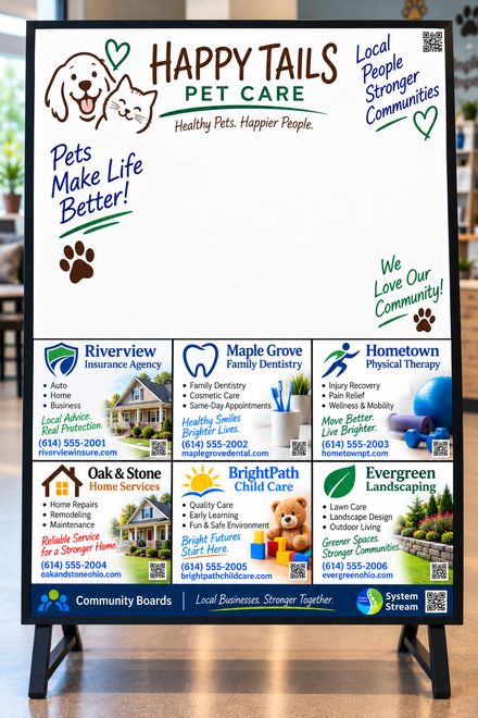 Example Community Board designed for a pet care business, with a warm welcome message and open space in the writable area