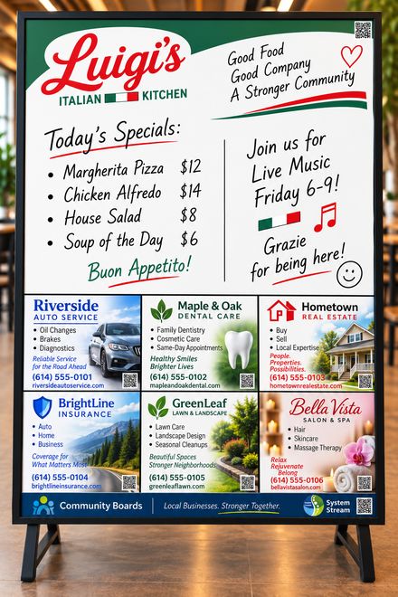 Example Community Board designed for a restaurant, with handwritten daily specials